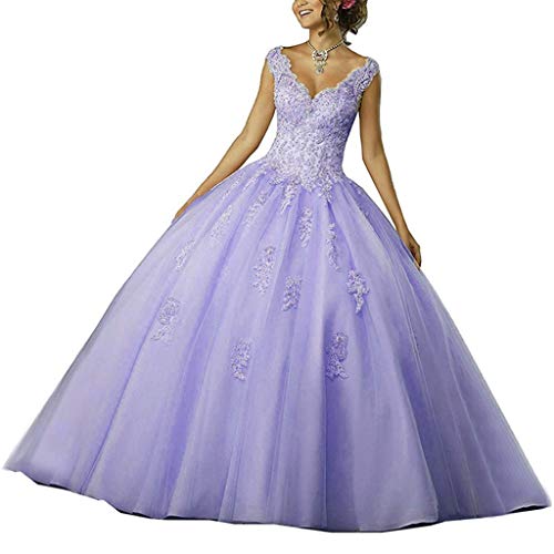 Vantexi Damen V-Ausschnitt Quinceanera Kleider Mit Spitze Abendkleider Lang Hochzeitskleider Elegant Ballkleid Lavendel Größe 36 von Vantexi