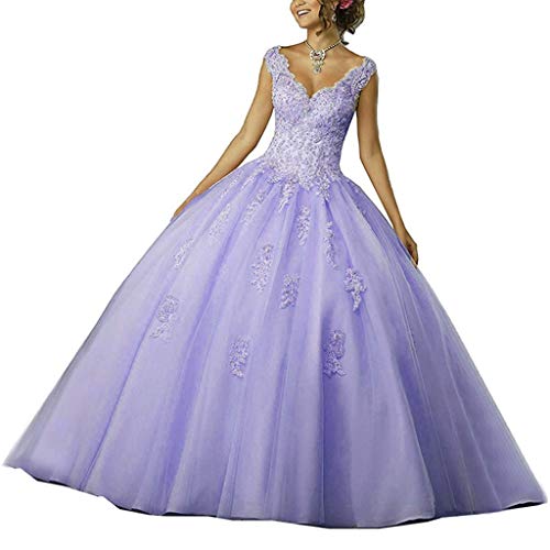Vantexi Damen V-Ausschnitt Quinceanera Kleider Mit Spitze Abendkleider Lang Hochzeitskleider Elegant Ballkleid Lavendel Größe 52 von Vantexi