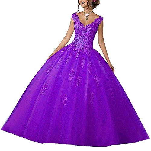 Vantexi Damen V-Ausschnitt Quinceanera Kleider Mit Spitze Abendkleider Lang Hochzeitskleider Elegant Ballkleid Lila Größe 46 von Vantexi