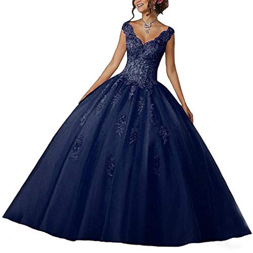 Vantexi Damen V-Ausschnitt Quinceanera Kleider Mit Spitze Abendkleider Lang Hochzeitskleider Elegant Ballkleid Marineblau Größe 32 von Vantexi