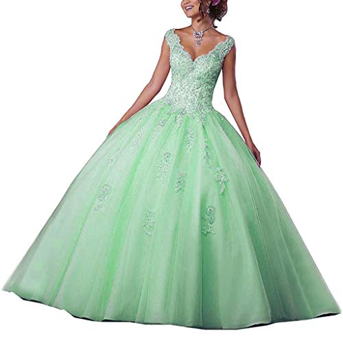 Vantexi Damen V-Ausschnitt Quinceanera Kleider Mit Spitze Abendkleider Lang Hochzeitskleider Elegant Ballkleid Minze Größe 38 von Vantexi