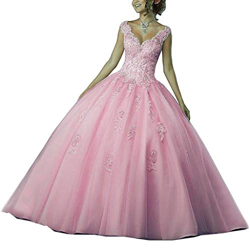 Vantexi Damen V-Ausschnitt Quinceanera Kleider Mit Spitze Abendkleider Lang Hochzeitskleider Elegant Ballkleid Rosa Größe 34 von Vantexi