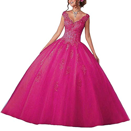 Vantexi Damen V-Ausschnitt Quinceanera Kleider Mit Spitze Abendkleider Lang Hochzeitskleider Elegant Ballkleid Rose Größe 36 von Vantexi