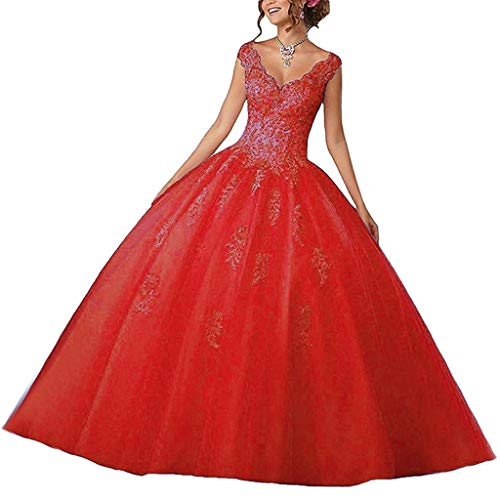 Vantexi Damen V-Ausschnitt Quinceanera Kleider Mit Spitze Abendkleider Lang Hochzeitskleider Elegant Ballkleid Rot Größe 42 von Vantexi