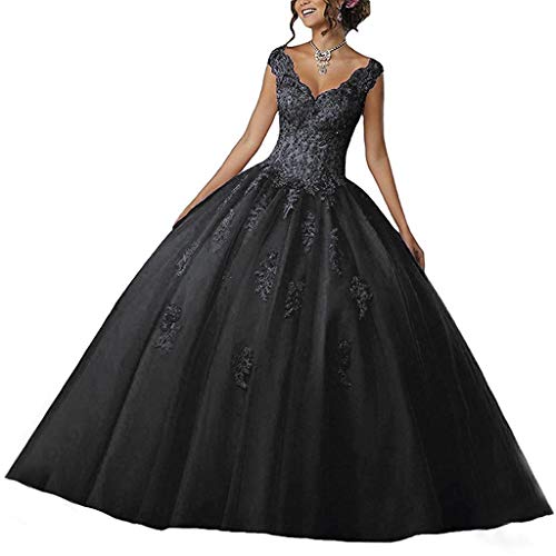 Vantexi Damen V-Ausschnitt Quinceanera Kleider Mit Spitze Abendkleider Lang Hochzeitskleider Elegant Ballkleid Schwarz Größe 34 von Vantexi