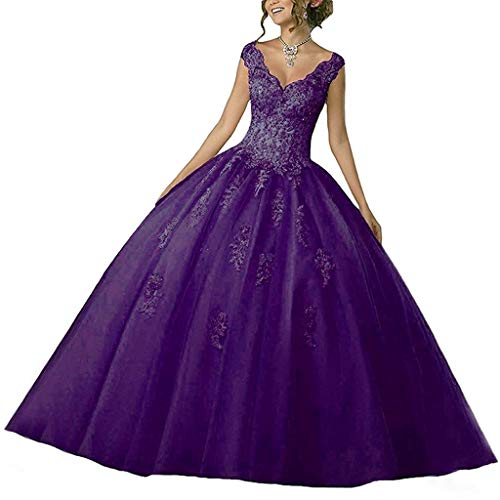 Vantexi Damen V-Ausschnitt Quinceanera Kleider Mit Spitze Abendkleider Lang Hochzeitskleider Elegant Ballkleid Traube Größe 32 von Vantexi