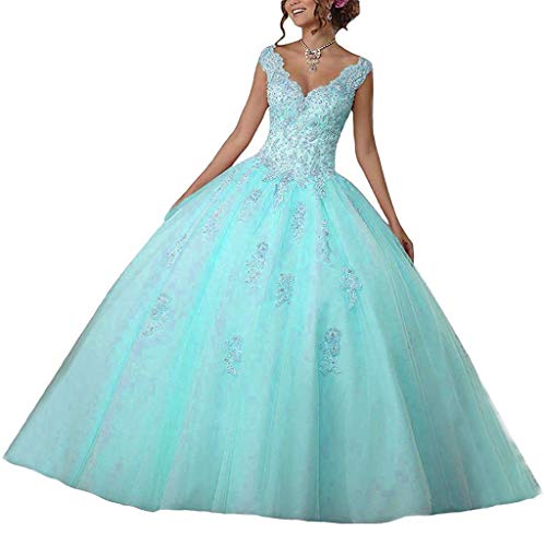 Vantexi Damen V-Ausschnitt Quinceanera Kleider Mit Spitze Abendkleider Lang Hochzeitskleider Elegant Ballkleid Türkis Größe 36 von Vantexi