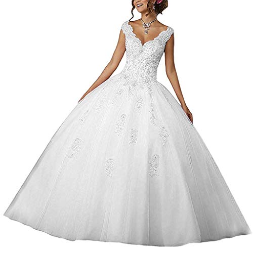 Vantexi Damen V-Ausschnitt Quinceanera Kleider Mit Spitze Abendkleider Lang Hochzeitskleider Elegant Ballkleid Weiß Größe 40 von Vantexi