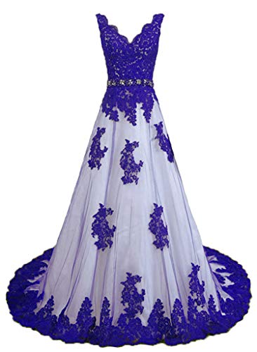 Vantexi Damen V-Ausschnitt Tüll Spitze Abendkleid Ballkleid Elegante Brautkleider Hochzeitskleider Blau Größe 50 von Vantexi