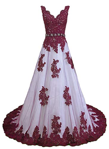 Vantexi Damen V-Ausschnitt Tüll Spitze Abendkleid Ballkleid Elegante Brautkleider Hochzeitskleider Burgund Größe 46 von Vantexi