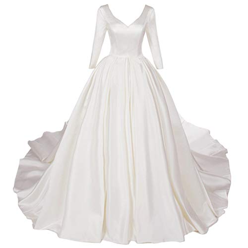 Vantexi Damen Vintage V-Ausschnitt Langarm Brautkleider Hochzeitskleider mit Kapelle Zug Elfenbein Größe 60 von Vantexi
