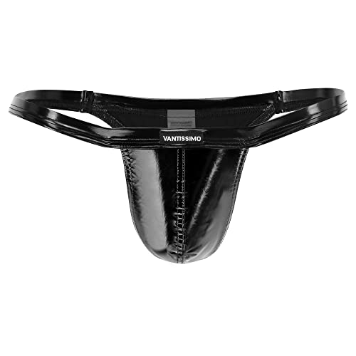 Herren G-String Tanga Made in Germany Leder Hochglanz Lack-Latex-Optik Wetlook Kunstleder, Sexy Unterwäsche, Dessous für Männer, Men Underwear (as3, alpha, x_l, regular, regular, Schwarz, XL) von Vantissimo