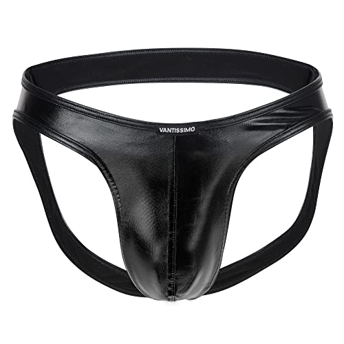 Herren Leder Jock Slip Ouvert Made in Germany Wetlook Hochglanz Lack-Optik Schwarz Kunstleder, Sexy Unterwäsche, Dessous Erotik Erotische Reizwäsche für Männer, Men Underwear (XL, Schwarz Wetlook) von Vantissimo