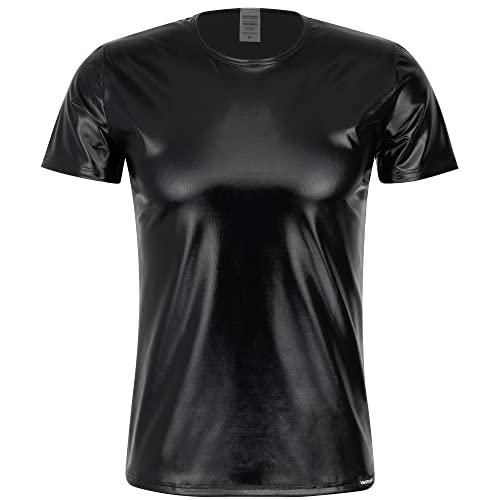 Herren Leder T-Shirt Made in Germany Hochglanz Wetlook Lack-Optik Kunstleder in Schwarz Reizwäsche Dessous für Männer Unterwäsche Muskelshirt Kurzarm Clubwear Guywear (XXL) von Vantissimo