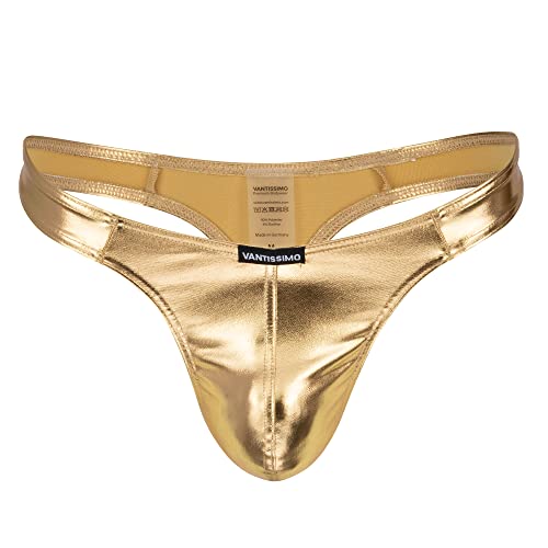 Herren String Tanga Gold Made in Germany Leder Optik Metallic Wetlook Optik Kunstleder, Sexy Unterwäsche, Dessous Reizwäsche für Männer, Men Underwear (as3, alpha, m, regular, regular, Gold) von Vantissimo