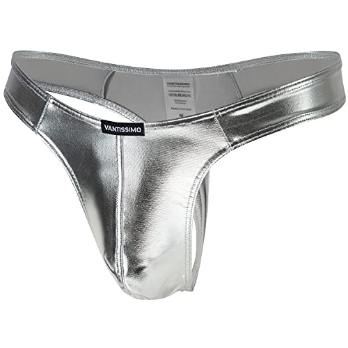 Vantissimo String Tanga Herren Made in Germany Leder Optik Metallic Wetlook Optik Kunstleder, Sexy Unterwäsche, Dessous Erotik Erotische Reizwäsche für Männer, Men Underwear (Silber, S) von Vantissimo