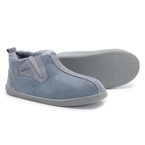 Vanuba - Herren Hausschuhe Columbia 47 EU, Lammfell Winterschuhe mit Auswechselbare Einlegesohle, Warme Winter Schuhe Manner, Echtleder, Handgefertigt - Grau von Vanuba