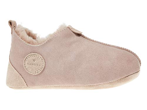 Vanuba Oxford Schaffell Lederpuschen Baby Hausschuhe Kinder Unisex Schlappen Kindergarten Schläppchen Pantoffeln Kinder – Größe: 34, Farbe: Beige von Vanuba