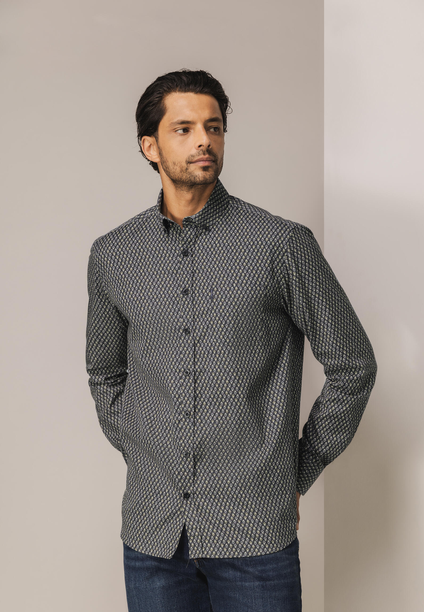 State of Art - Hemd mit geometrischem Print dunkel-anthraz./kamel - Gr. - L von State of Art