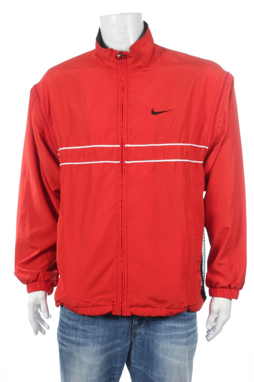 Nike Windbreaker Jacke Shell Reißverschluss Andre Agassi Abnehmbare Ärmel Schwarz Und Rot Größe L von VapeoVintage