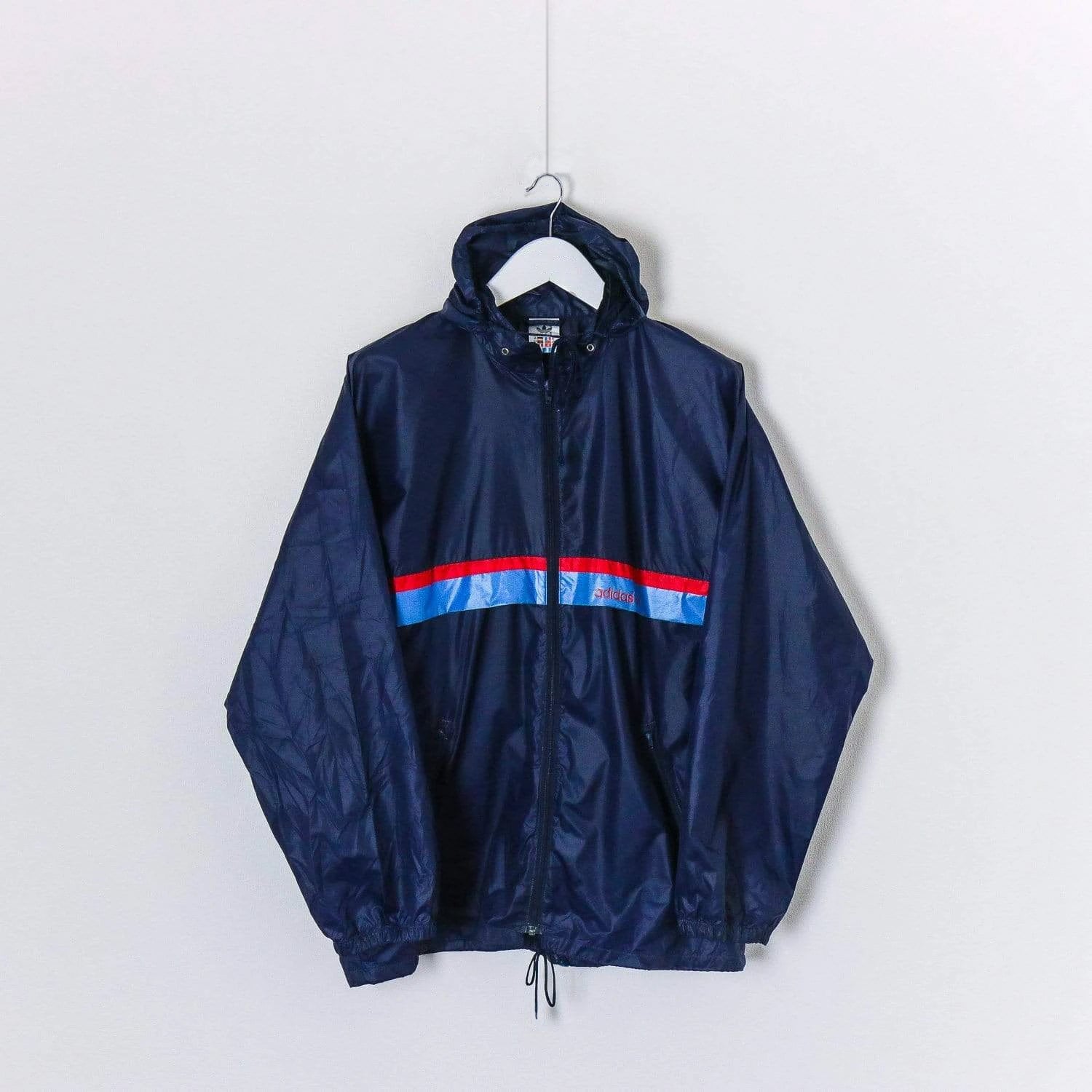 Seltene Vintage 80Er Adidas Trefoil Shiny Nylon Windbreaker Jacke Navy Blau/ Hellblau/Rot Gr. L von VapeoVintage