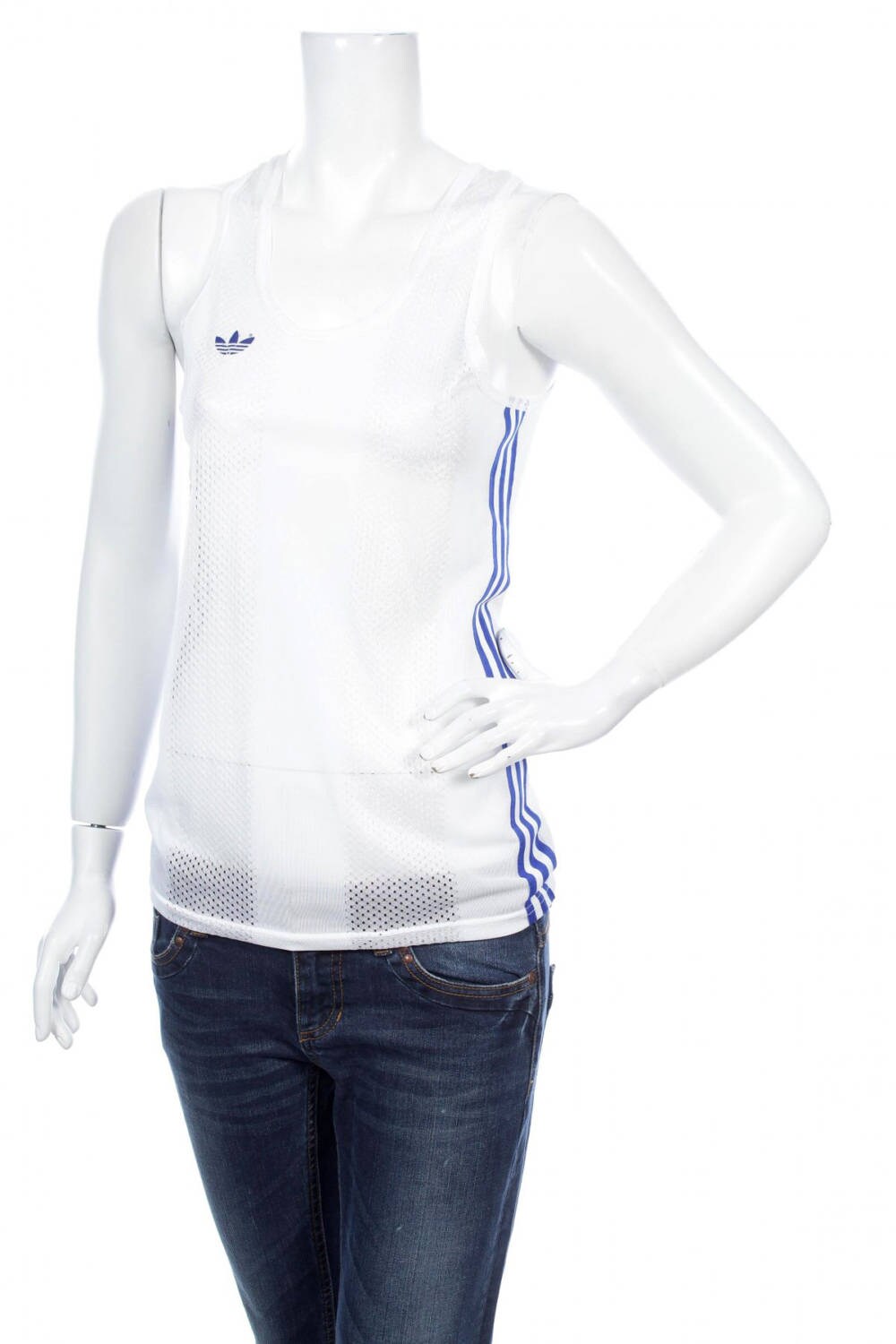 Vintage 80Er Jahre Adidas Mesh Tank Top Trefoil Damen Made in Frankreich Weiß/Blau Größe S von VapeoVintage