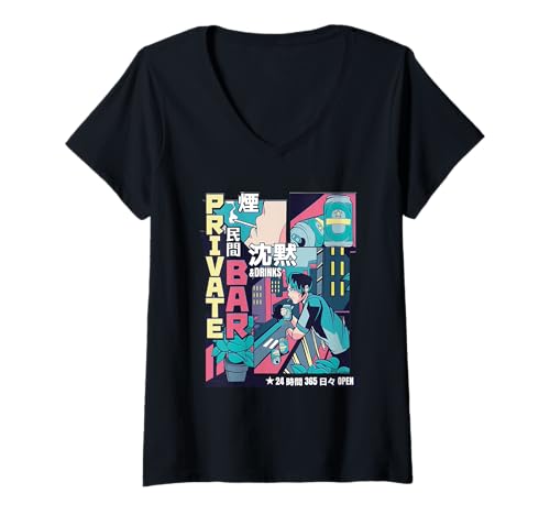 Damen Anime Private Bar - Retro Night City Drink T-Shirt mit V-Ausschnitt von Vaporwave Anime Japanese Art