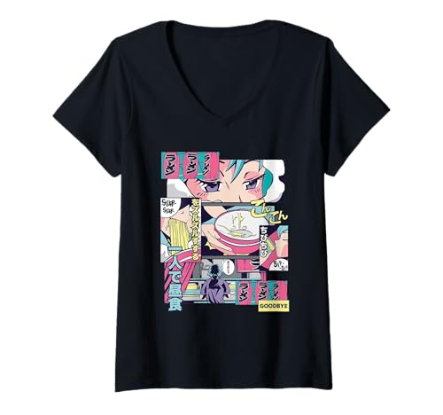 Damen Anime Ramen - Retro Lunch Alone T-Shirt mit V-Ausschnitt Damen Anime Ramen - Retro Lunch Alone T-Shirt mit V-Ausschnitt von Vaporwave Anime Japanese Art