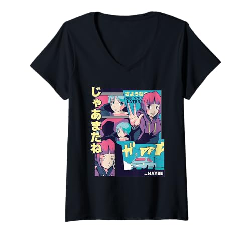 Damen Anime See You Later Graphic - Retro Sad Farewell T-Shirt mit V-Ausschnitt von Vaporwave Anime Japanese Art