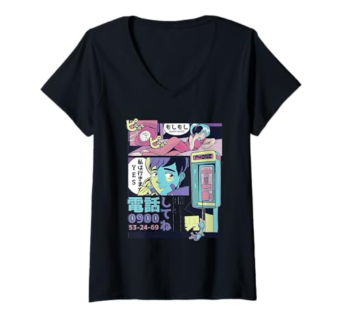 Damen Call Me - Retro Japanese Romance Manga T-Shirt mit V-Ausschnitt von Vaporwave Anime Japanese Art