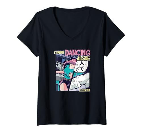 Damen Dancing Alone Anime - Vaporwave Manga Japanische Kunst T-Shirt mit V-Ausschnitt von Vaporwave Anime Japanese Art