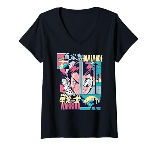 Damen Homemade Warrior - Retro Manga Samurai Aesthetic T-Shirt mit V-Ausschnitt von Vaporwave Anime Japanese Art