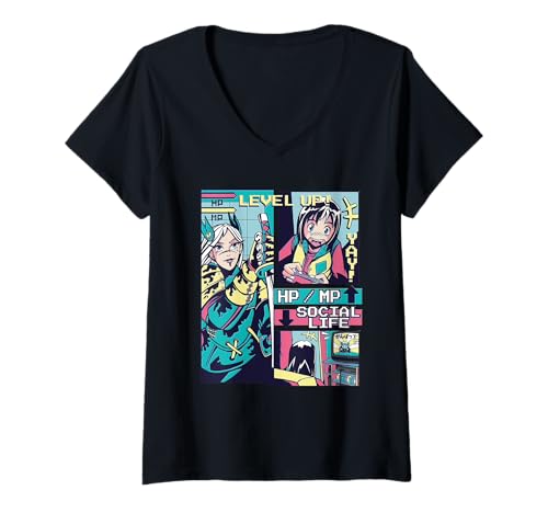 Damen Videospiel Social - Retro Manga Gamer Life T-Shirt mit V-Ausschnitt von Vaporwave Anime Japanese Art