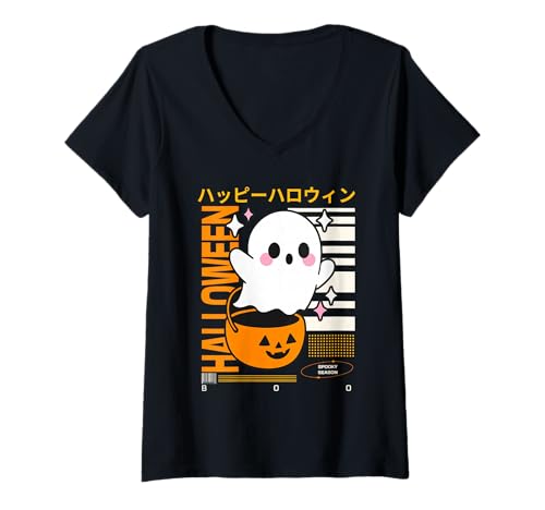 Damen Gruseliges Japanisches Vaporwave-Anime-Halloween T-Shirt mit V-Ausschnitt Damen Gruseliges Japanisches Vaporwave-Anime-Halloween T-Shirt mit V-Ausschnitt von Vaporwave Chibi Ghost Kawaii Aesthetic Design