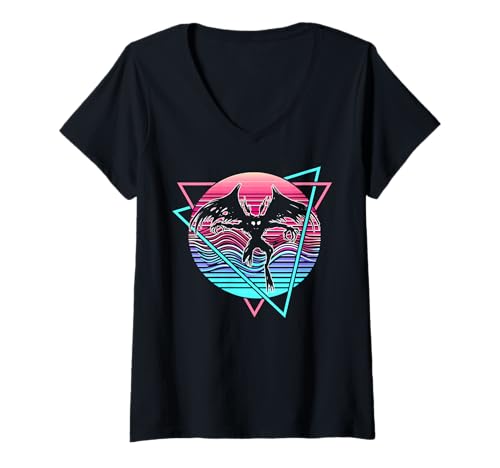 Damen Vaporwave Aesthetic Mothman Cryptozoology Cryptid im Retro-Look T-Shirt mit V-Ausschnitt von Vaporwave Synthwave Aesthetic Mothman Clothing