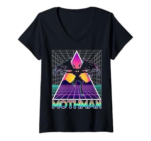 Damen Vaporwave Aesthetic Mothman Cryptozoology Cryptid im Retro-Look T-Shirt mit V-Ausschnitt von Vaporwave Synthwave Aesthetic Mothman Clothing
