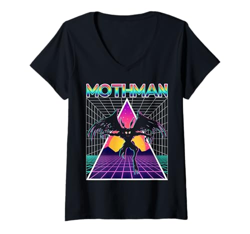 Damen Vaporwave Aesthetic Mothman Cryptozoology Cryptid im Retro-Look T-Shirt mit V-Ausschnitt von Vaporwave Synthwave Aesthetic Mothman Clothing