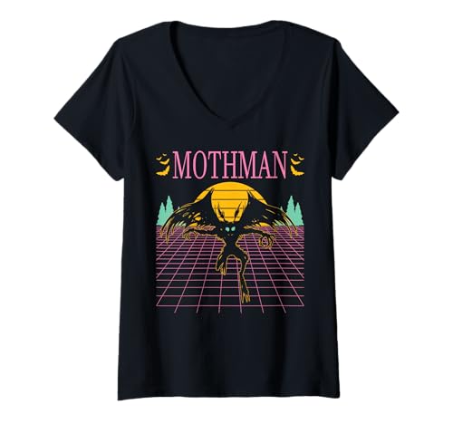 Damen Vaporwave Aesthetic Mothman Cryptozoology Cryptid im Retro-Look T-Shirt mit V-Ausschnitt von Vaporwave Synthwave Aesthetic Mothman Clothing