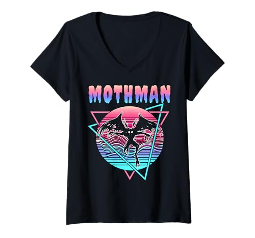 Damen Vaporwave Aesthetic Mothman Cryptozoology Cryptid im Retro-Look T-Shirt mit V-Ausschnitt von Vaporwave Synthwave Aesthetic Mothman Clothing
