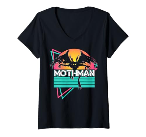 Damen Vaporwave Aesthetic Mothman Cryptozoology Cryptid im Retro-Look T-Shirt mit V-Ausschnitt von Vaporwave Synthwave Aesthetic Mothman Clothing