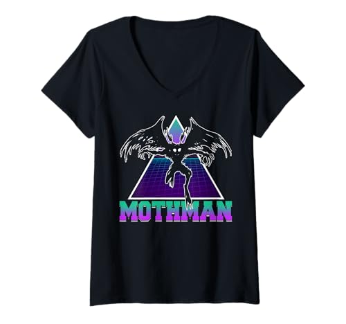 Damen Vaporwave Aesthetic Mothman Cryptozoology Cryptid im Retro-Look T-Shirt mit V-Ausschnitt von Vaporwave Synthwave Aesthetic Mothman Clothing