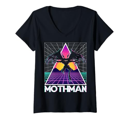 Damen Vaporwave Aesthetic Mothman Cryptozoology Cryptid im Retro-Look T-Shirt mit V-Ausschnitt von Vaporwave Synthwave Aesthetic Mothman Clothing