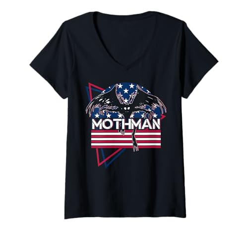 Damen Vaporwave Aesthetic Mothman Cryptozoology USA Flagge Amerikanische Flagge T-Shirt mit V-Ausschnitt Damen Vaporwave Aesthetic Mothman Cryptozoology USA Flagge Amerikanische Flagge T-Shirt mit V-Ausschnitt von Vaporwave Synthwave Mothman 4th of July Clothing