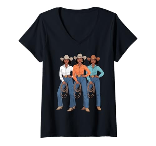 Damen Lustiges schwarzes Cowgirl Spruch Rodeo Schwestern Western Frauen Männer T-Shirt mit V-Ausschnitt von Vaquera Squad African Heritage Ranch Culture Mom