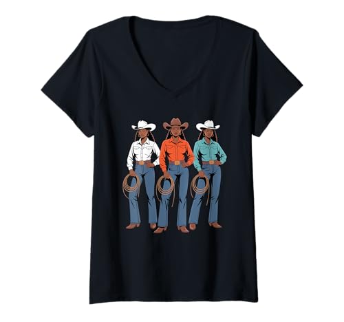 Damen Lustiges schwarzes Cowgirl Spruch Rodeo Schwestern Western Frauen Männer T-Shirt mit V-Ausschnitt von Vaquera Squad African Heritage Ranch Culture Mom