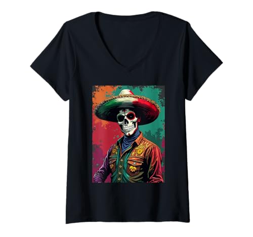 Damen Mexikanischer Rodeo im Stil von Dia De Los Muertos T-Shirt mit V-Ausschnitt Damen Mexikanischer Rodeo im Stil von Dia De Los Muertos T-Shirt mit V-Ausschnitt von Vaquero Mexican Rodeo Dia De Los Muertos Art
