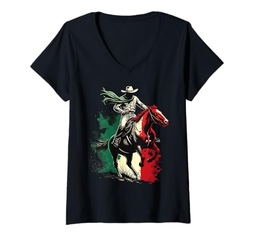 Damen Vaquero Mexican Rodeo Horseback Freedom T-Shirt mit V-Ausschnitt Damen Vaquero Mexican Rodeo Horseback Freedom T-Shirt mit V-Ausschnitt von Vaquero Mexican Rodeo Spirit Equestrian Artistry