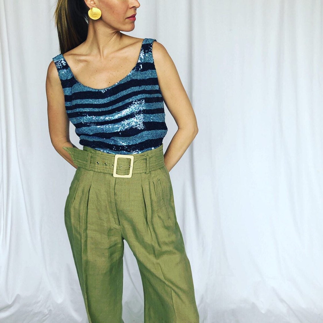Escada Vintage Pailletten Tank Ärmellose Blaue Streifen S 36 von VaraVintageNYC