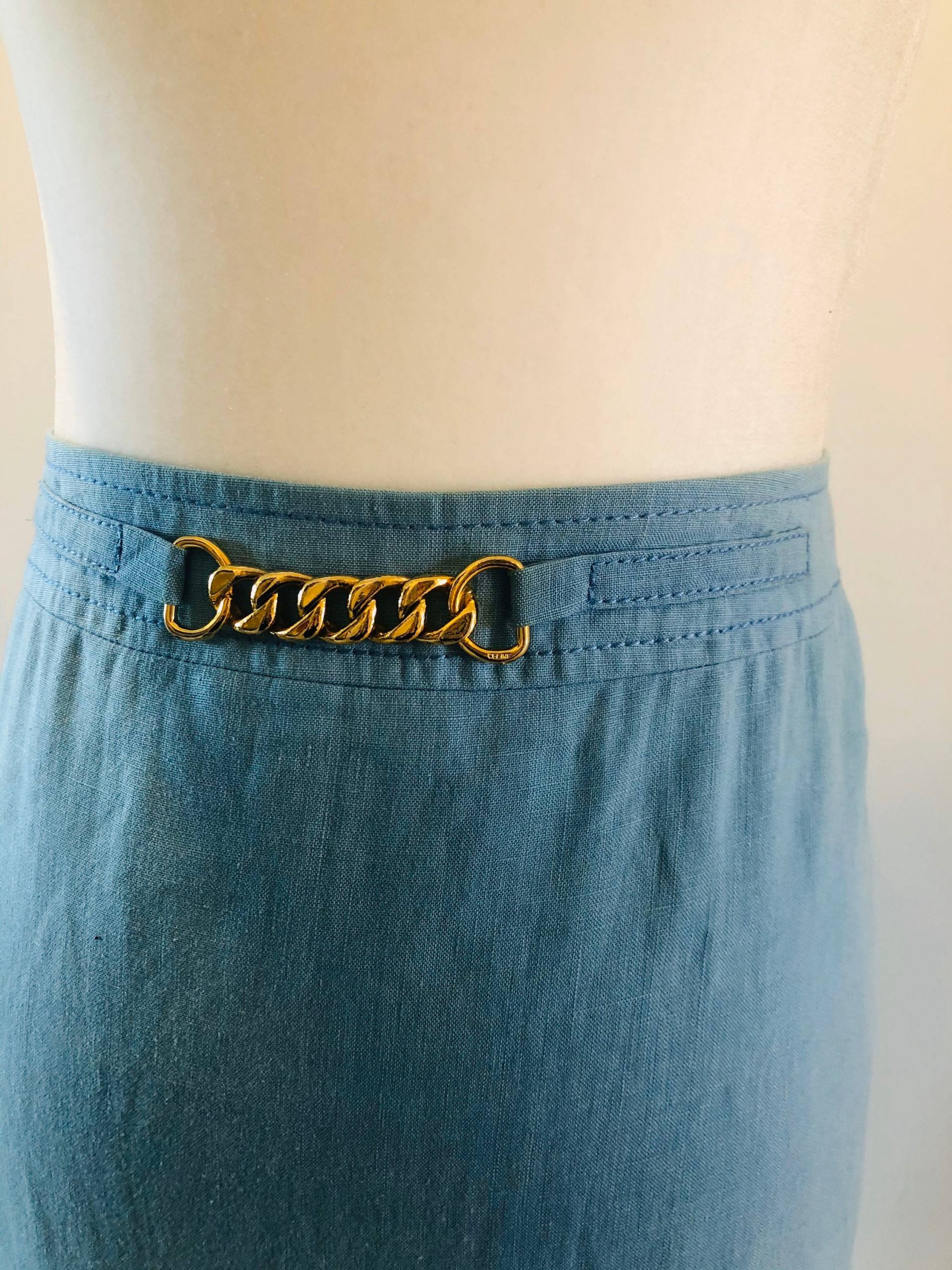 Original Vintage Celine Blau Leinen Monogramm Kettenrock L von VaraVintageNYC