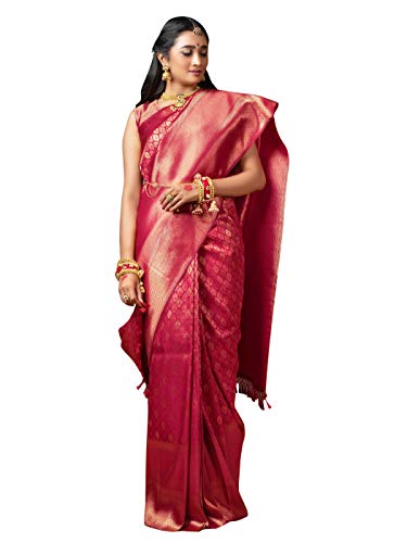 Sarees für Frauen Banarasi Kanjivaram Seide gewebt Sari | Indische Diwali Hochzeitsgeschenk Sari & Ungenähte Bluse, Kastanienbraun, Saree & Non Stitched Blouse Piece von Vardha